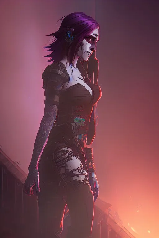 scarred cyberpunk vampire girl with tribal tattoos short curly dark cyberpunk hair descending the staircase in decaying dark mansion on fire