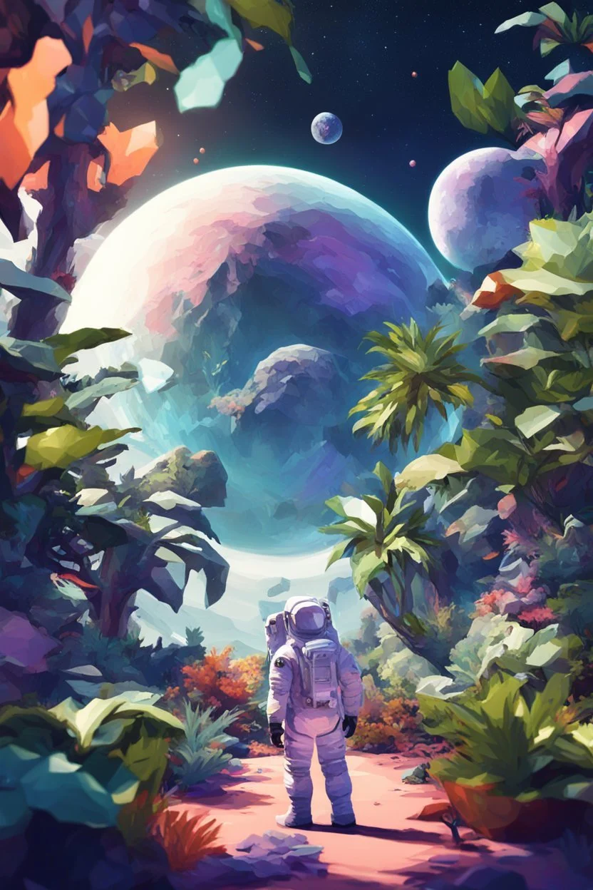 (((close midshot))), (((low poly art:2))), (astronaut), ultra-detailed illustration of an environment on a dangerous:1.2 exotic planet with plants and wild (animals:1.5), (vast open world), astronomer inspired, highest quality, no lines, no outlines candid photography.