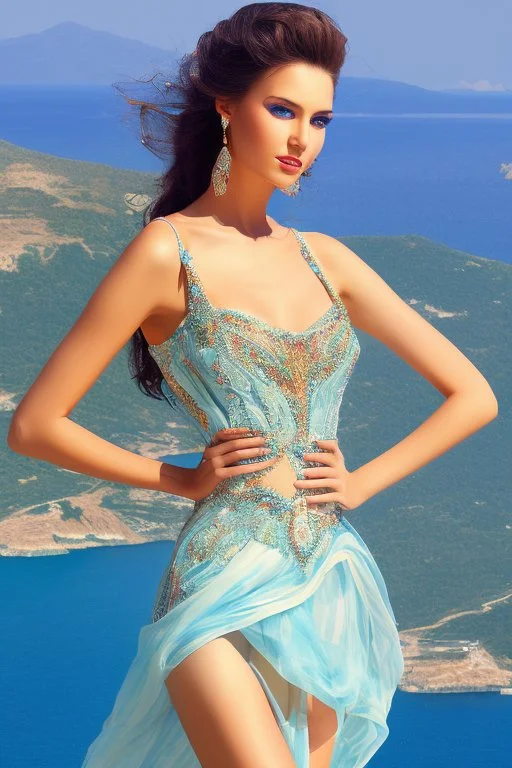 A tall, slender and very beautiful girl who looks at me. Her dress is of amazing colors, from blue to white.in the background is the Greek island of Samos.