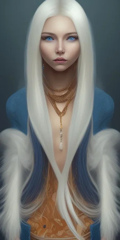 human kingfisher girl with long straight blue hair and orange strand of hair wearing a blue winter coat and a gold necklace