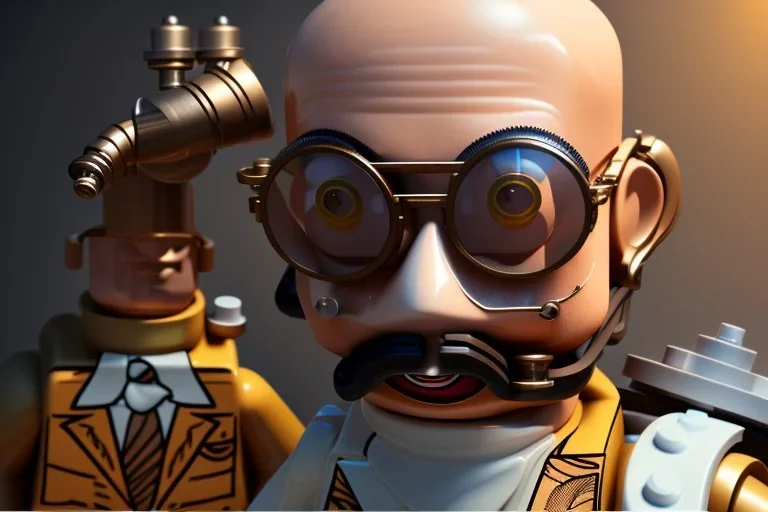 portrait of a bald and shaved Atul Bhardwaj building lego, steampunk, brown eyes, no facial hair, steampunk, unreal 5, octane render, cinema4d, dynamic lighting, soft lighting, 4k, redshift render, highly detailed, hyper realistic