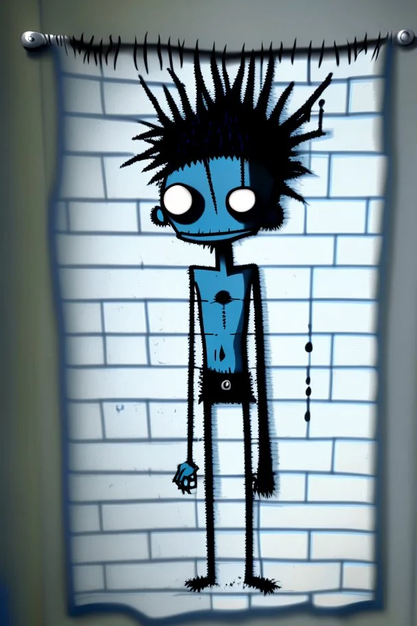 2d drawing of a stickman, cool with punk hair, x eyes like in hangman, no shirt and only dressed in a shower towel,leaning against a wall with one arm on wall,3d realistic in colour