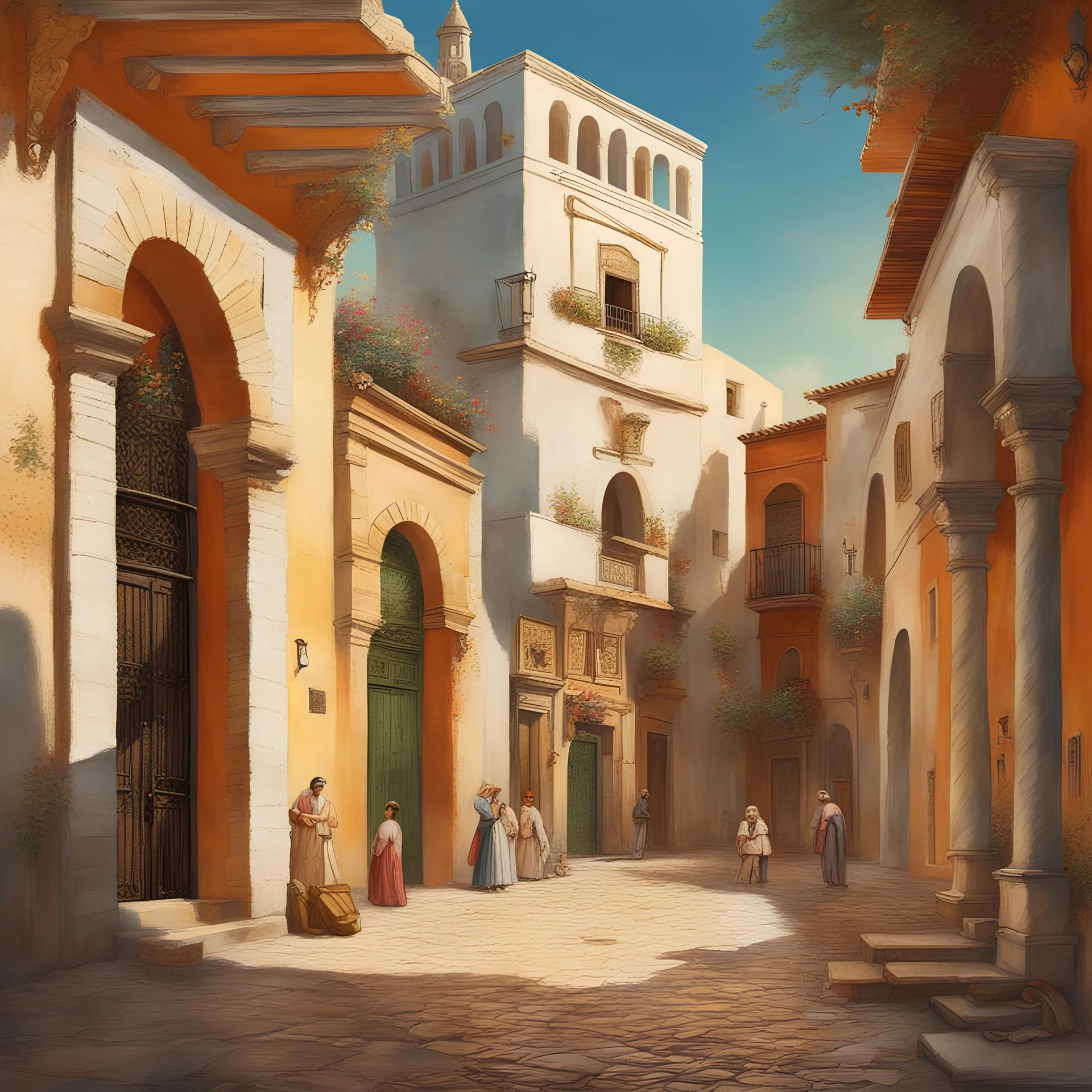 صورة واقعية ملونة لمدينة أندلسية في عصر ملوك الطوائف
