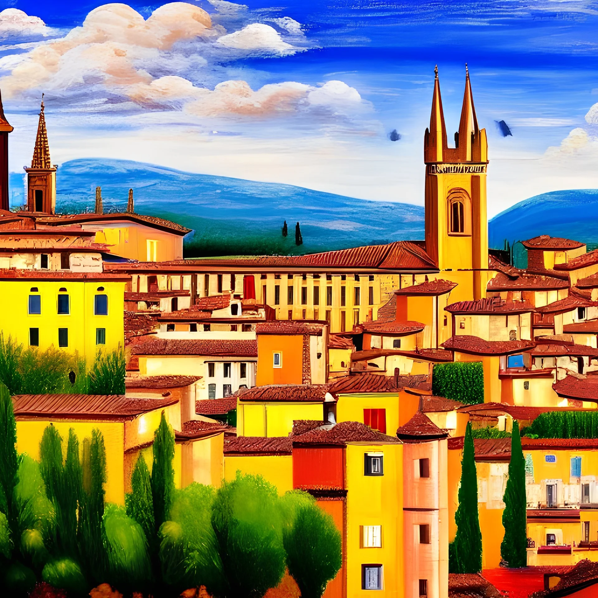 an ultradetailed painting of a madrid village, castle, florencia, golden ratio, 8 k resolution, oil on canvas, landscape with Bright Colors, pop art