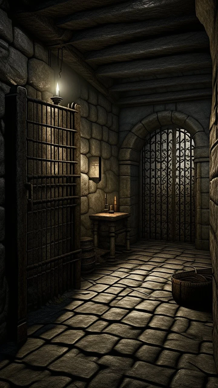 An abandoned prison cell with door open ,cavernous depths of the cellar beneath Blackwood Manor , where flickering torches cast eerie shadows across the damp stone walls. As he explores, he uncovers ancient artifacts and relics, each one hinting at a dark and mysterious past.a prisoner with a long gray hair and beard , The Count De Monte Cresto