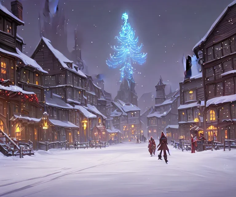 A magical snowy warlock town with river canals and a Christmas tree