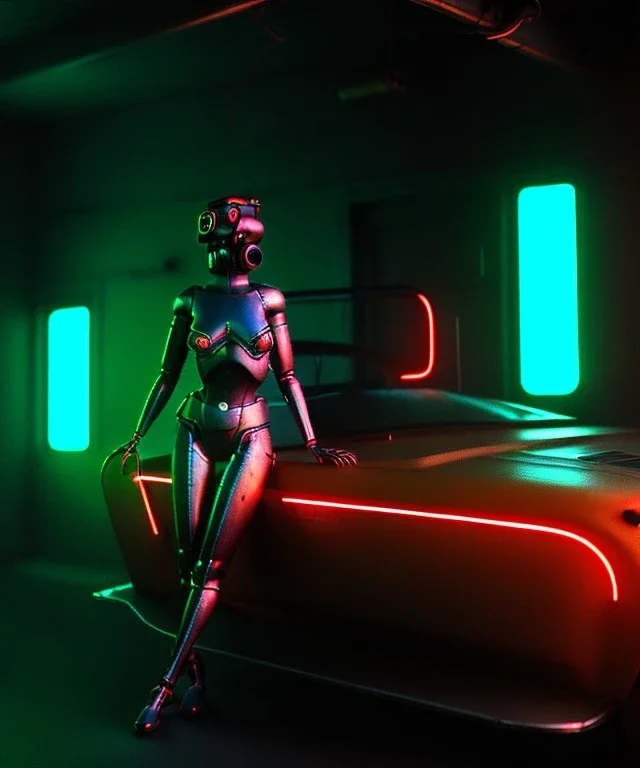 Ultra realistic photographic night portrait, cinematic, happy <pinup woman> in garage <droid friend>, hot, retro futuristic dress <Helmut newton photo style>, neon lights, color fog, soft color, highly detailed, unreal engine 5, ray tracing, RTX, lumen lighting, ultra detail, volumetric lighting, high definition.