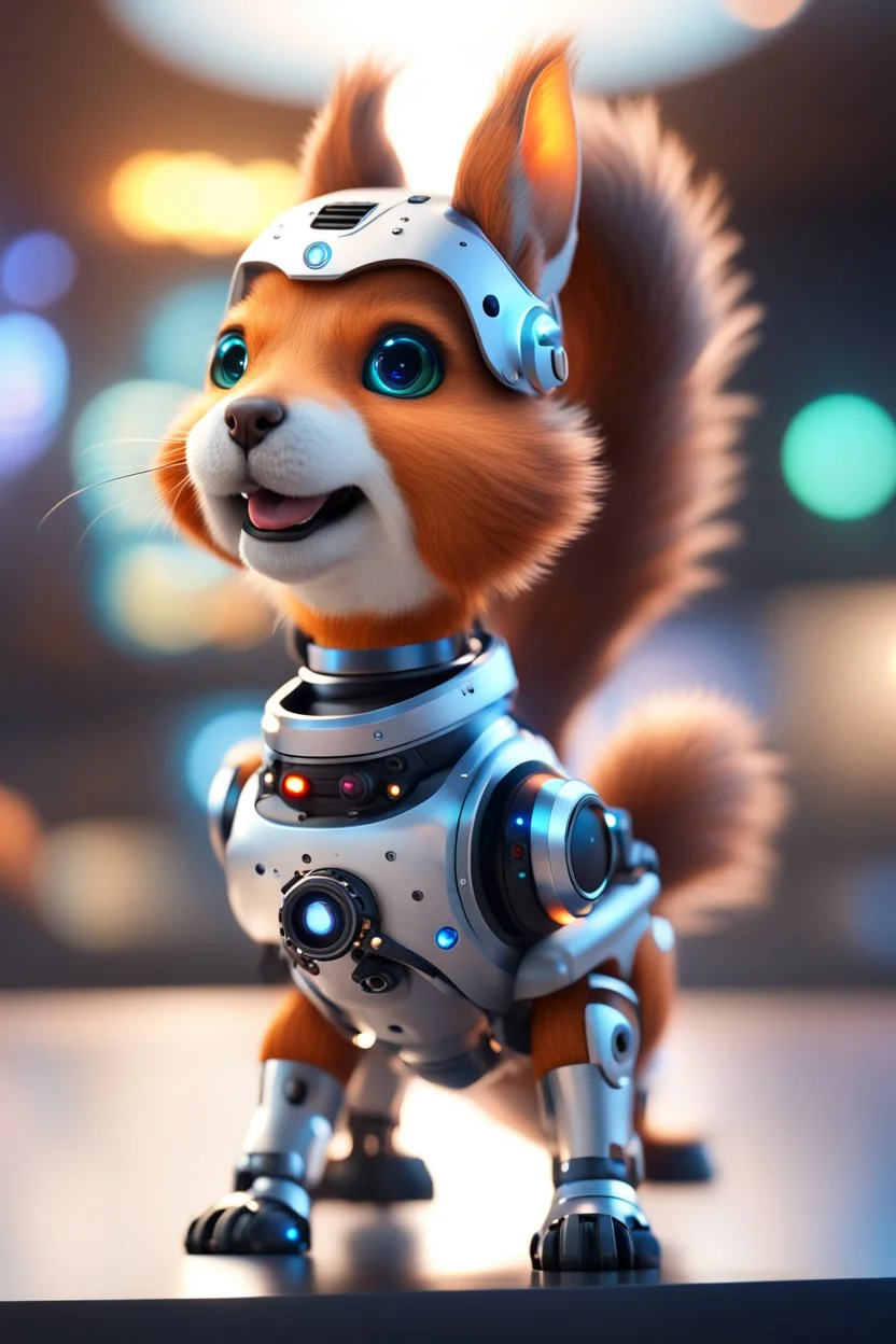 ultimate transcendent happy chat robot squirrel dog cat space horse with spotlights, in advanced hi tech dock, bokeh like f/0.8, tilt-shift lens 8k, high detail, smooth render, down-light, unreal engine, prize winning