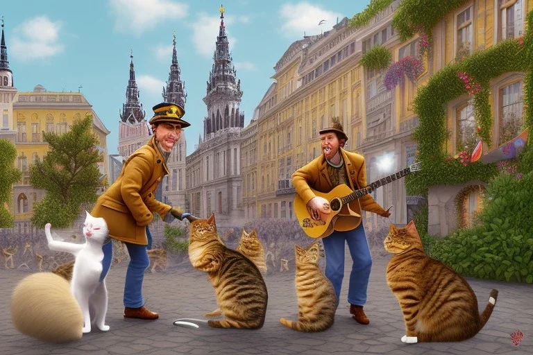 Group of three mature cats musicians, one cat playing guitar, one cat playing drums, one cat holding microphone and singing, street, Vienna, smiling, sunny day, model style, hyper realistic, extremely accurate, delicate, extremely detailed, Graphic novel style, wide-angle, open aperture, superfine pencil