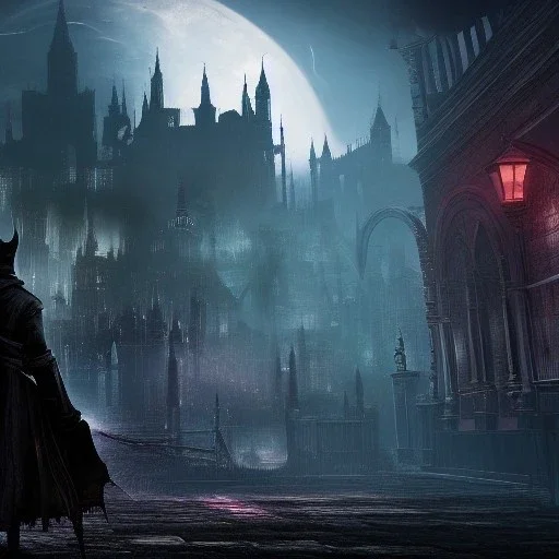 hyper realistic Bloodborne cityscape at night