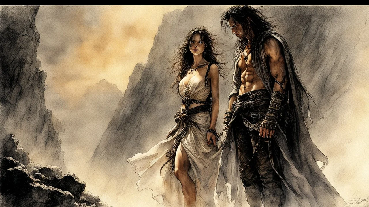 Hyper-photorealistic watercolor art style by Luis Royo, A dark cave lit only by oil lamps, a stone altar, animal skins, a young man and a girl, hyperdetailed face, full body diagonal shot, encounters male bandits in dark fantasy countryside setting, absence of mysterious elements, dramatic lighting, ultrafine detail, octane rendering., darkness world