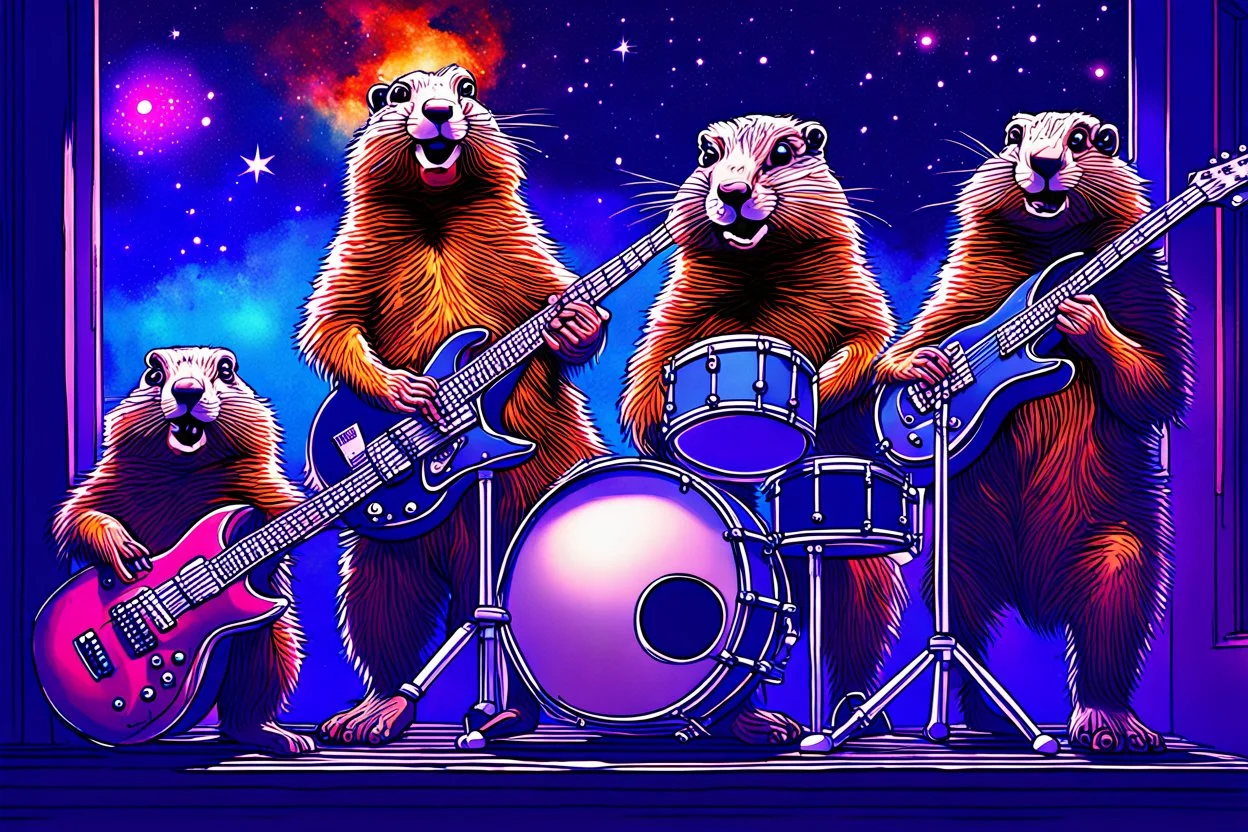 punk Groundhog rock band, playing the guitar, the drums and a saxophone. Window background, Orion Nebula. fun, artistic, hdr, crisp quality, award winning, 4k, warm colors, photo-realistic, digital painting
