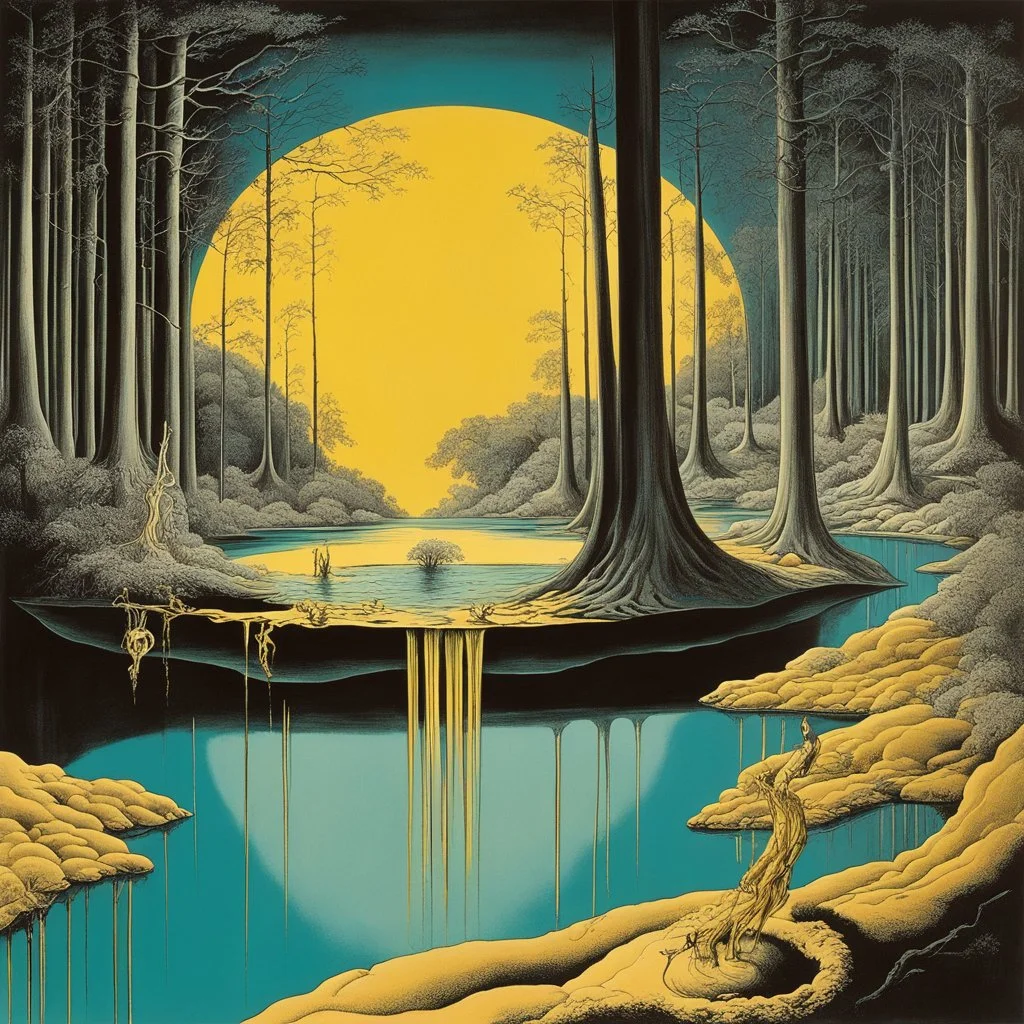 fat golden moon draining like a golden waterfall into a golden reflecting pond, in a dark cyan forest, neo surrealism, by Salvador Dali, by Gerald Scarfe.