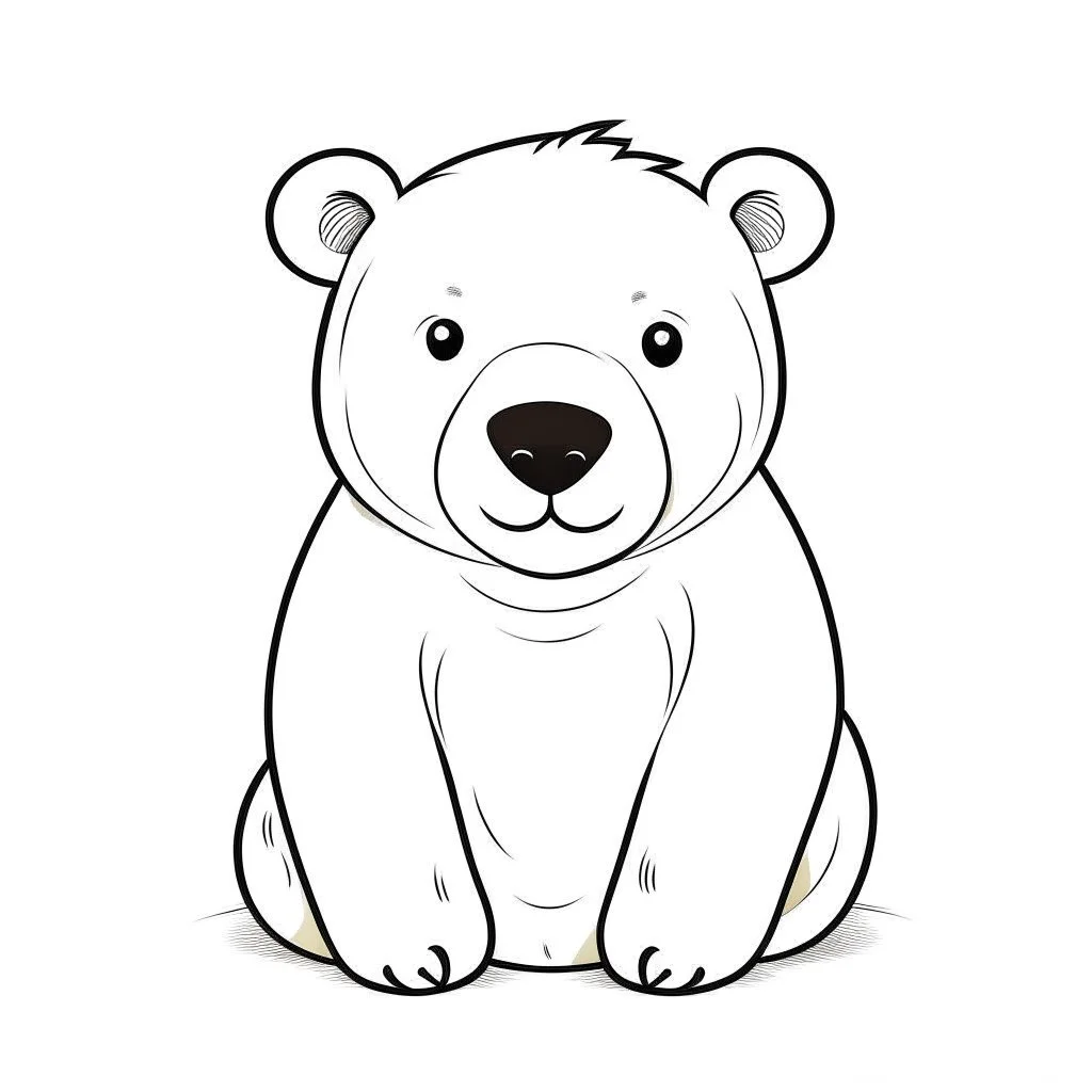 A black and white cute polar bear. Only outline, white background,for kids