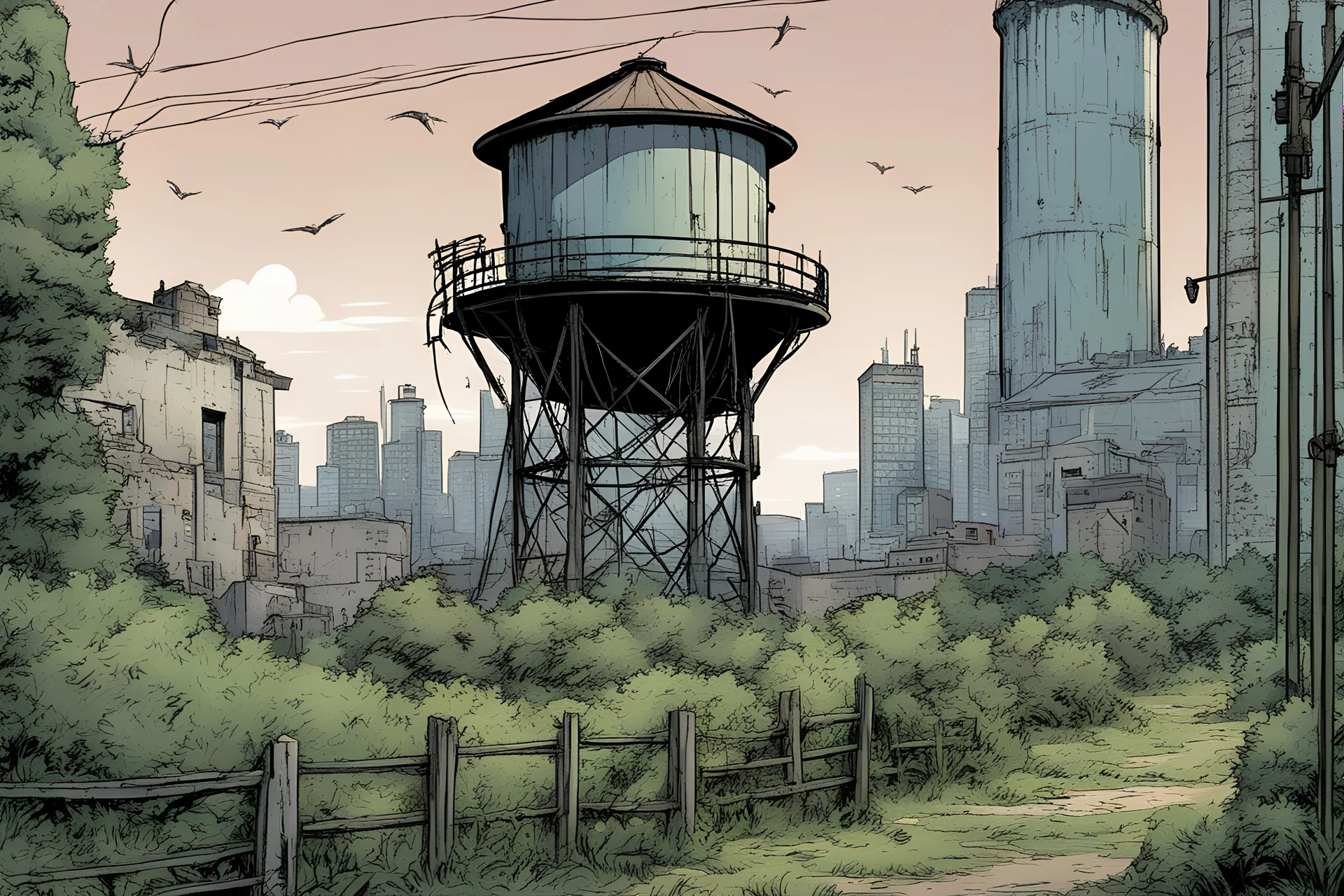 watertower, overgrown apocalyptic city background, comic book, fence