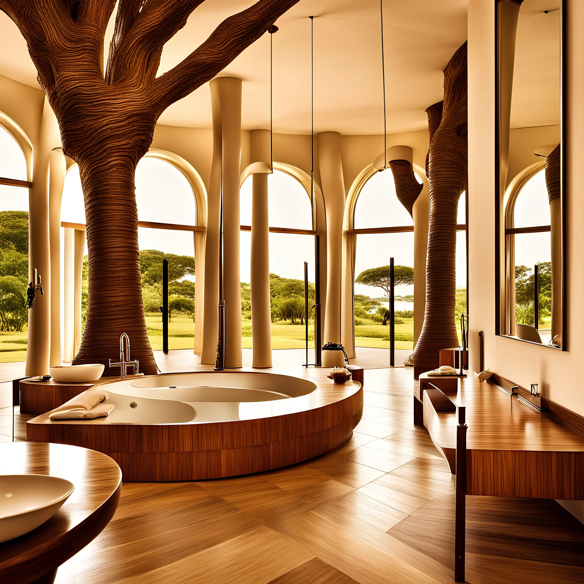 Luxury hotel in africa with beige tons et acajou wood trees and white walls with big mirrors