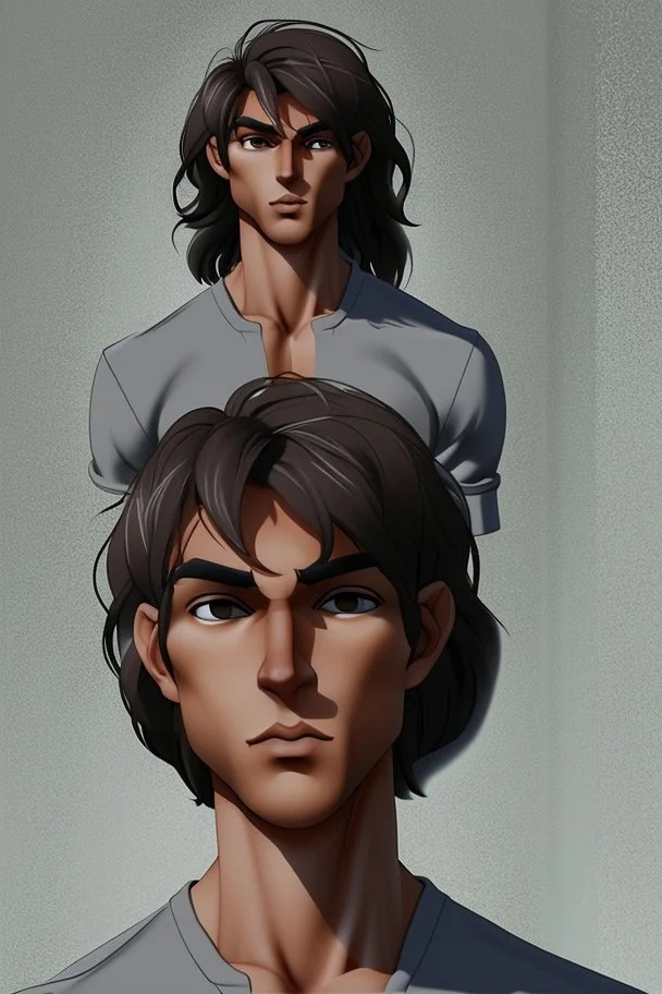 Appearance: Ari has a mixed-race skin tone with a light brown complexion. He has dark hair in a page boy haircut, and his hair length could be somewhere in-between long and short. His face is thin with high cheekbones and dark eyes that are often full of emotion. He stands at around 5 feet 7 inches tall, with a lean build that suggests he doesn't engage in a lot of physical activity. He is of average attractiveness with a boyish face.