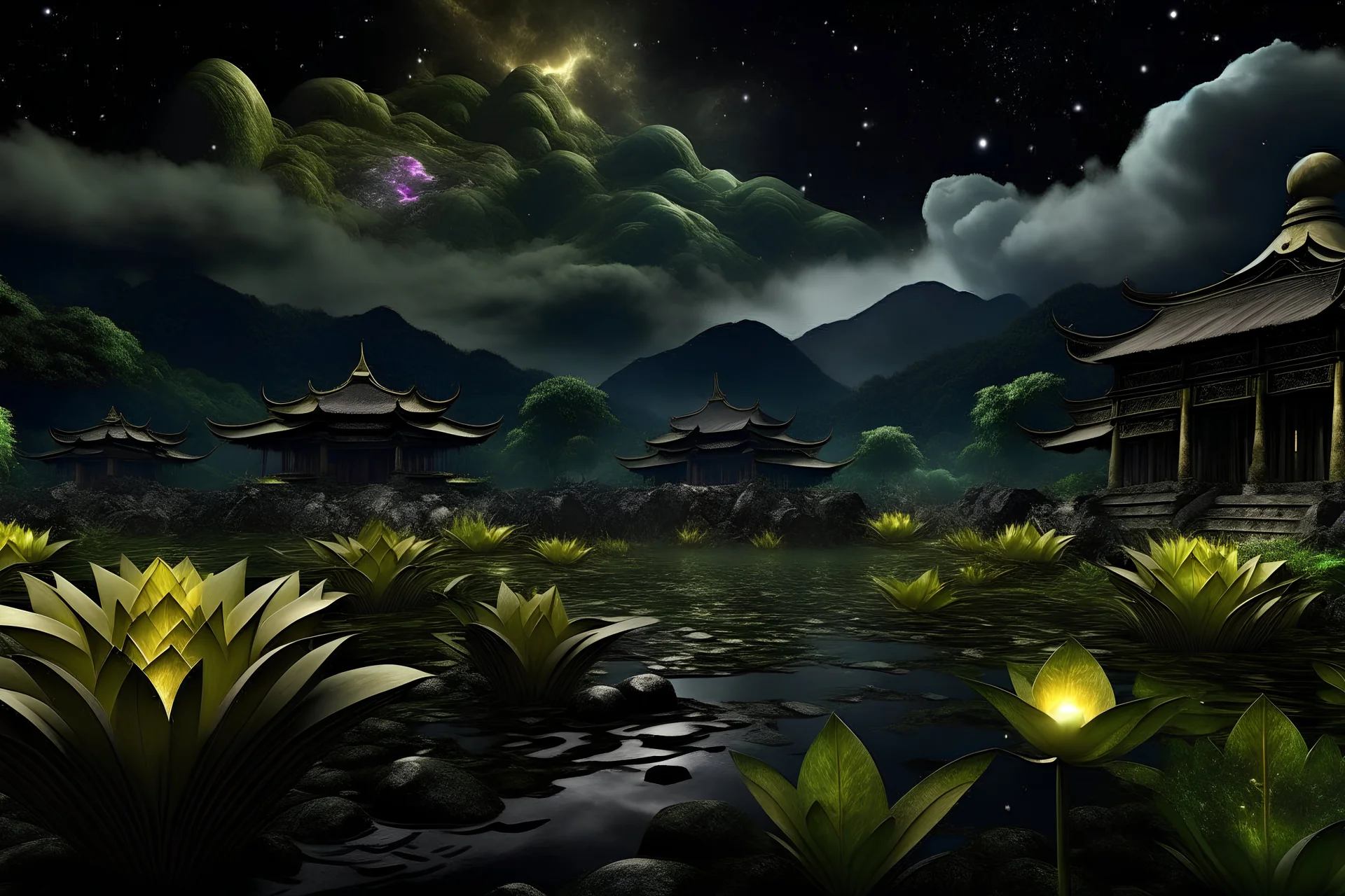 meditation . Lily pad garden Japan , The ruins of a village in the midst of thunderbolts in the jungle , mountains. space color is dark , where you can see the fire and smell the smoke, galaxy, space, ethereal space, cosmos, water, panorama. Palace , Background: An otherworldly planet, bathed in the cold glow of distant stars. Northern Lights dancing above the clouds in Finland.