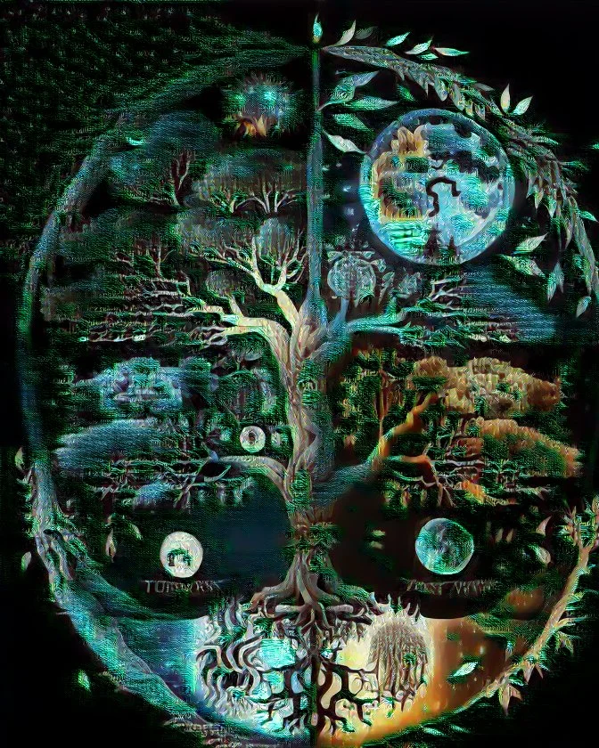 The tree of life consists of four seasons: spring, summer, autumn, winter, light, time, darkness, star, moon, sun, yang-ying, water, wind, soil, fire, love, blue magic mushroom, and lion symbol.