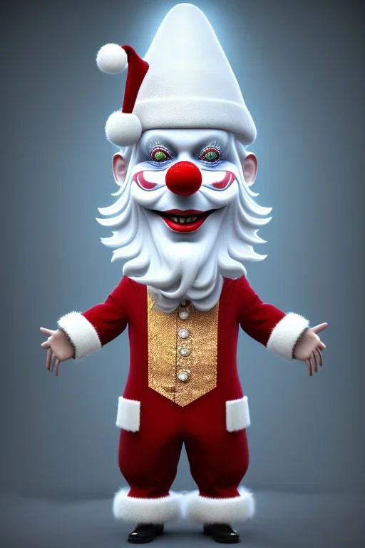 Clown from IT dressed in a santa outfit,high detail, volumetric lighting, tiny features, intricate detail,volumetric clouds