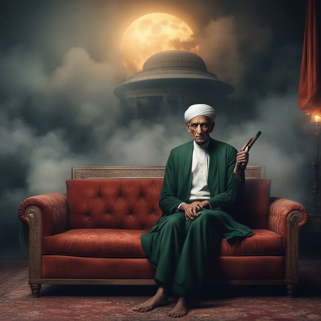 Hyper Realistic Quaid E Azam SHyper Realistic Karbala Prehistoric War Background at cloudy sunsetmoking Cigar & Mahatma Gandhi Sitting on a Velvet Sofa in a foggy Dark Room