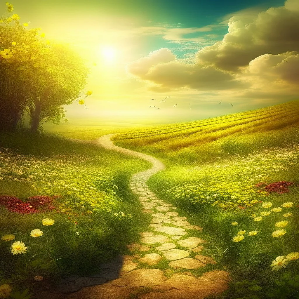 Fantasy style image. The image is intended to express that an easy path does not lead to success, but the path that requires effort and overcoming obstacles deserves a reward. A country with two roads. Route 1 very beautiful, full of sunshine and flowers in the field. However, there is no reward waiting at the end of Path 1. Road 2 full of pitfalls and obstacles, a storm in the sky, but a reward awaits at the end of the road.