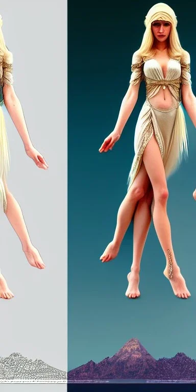 A long shot, Cute elven female adventurer with blonde long hairs dressed in a light sundress and with bare feet on the floor, posing frontally, in style of Cedric Peyravernay Art, microdetails, ultradetailed --ar 2:3 --beta --upbeta