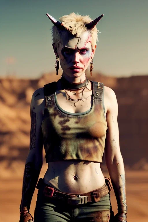 Fashion Portrait, tank girl, make up, natural busty, mad max style, glow eyes :: desert scene :: cinematic, Ultra realistic, wide angle view, soft color, highly detailed, unreal engine 5, RTX, ultra detail, volumetric lighting, 3d, finely drawn, high definition.