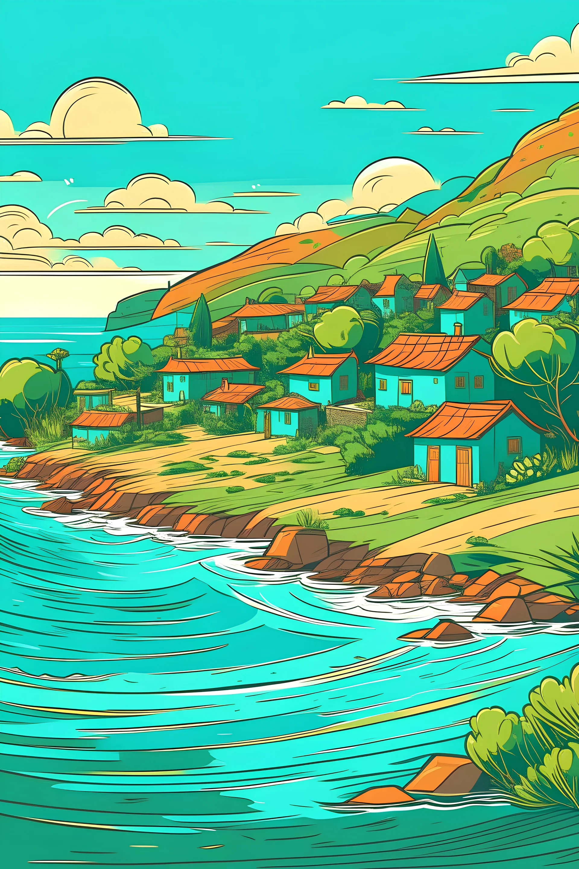 landscape, nature, relax, village, stained, sea , vector, color