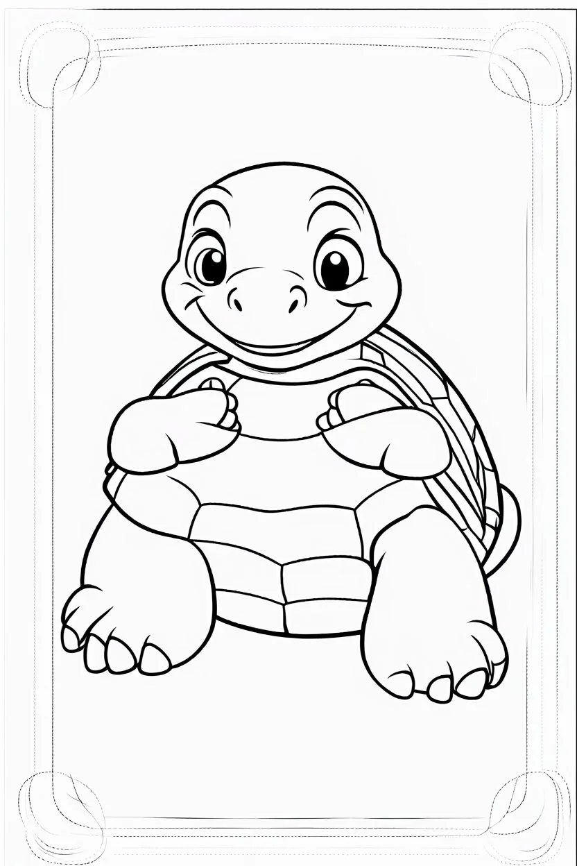 blank colouring book, white blank background, simple picture for toddlers, sweet and smilling turtle pet, disney and pixar style