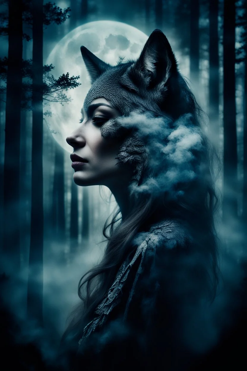 double exposure stunning woman-wolf hybrid portait, forest, moon, smoke, ultra-high detailed, deep dark colors, dark fantasy, intricate detail, cinematic, masterpiece, sharp focus, dark ethereal fantasy, hyperdetailed, atmospheric , dark surreal fantasy