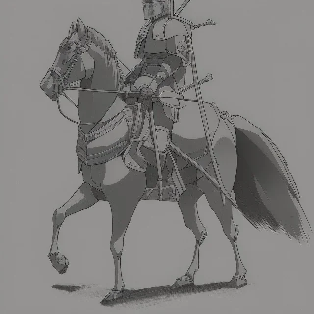 pencil sketch from side, little knight on the horse in armor with forward pointed lancet charging