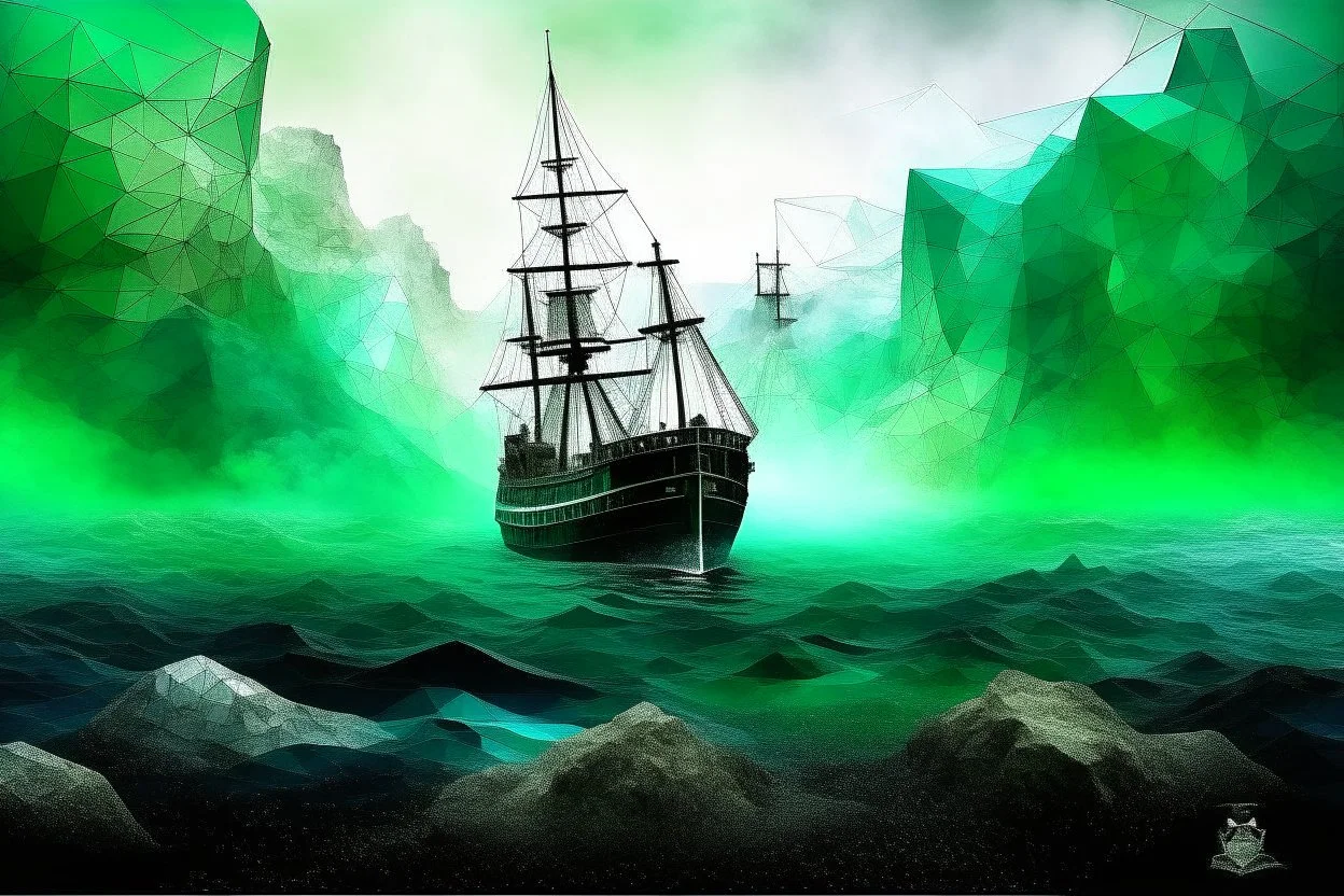 Sinking world, 3D, mist and smoke, black, turquoise (a little bit closer to the green) and white color, hard rain, and watercolor patchwork by Picasso and Caspar David Friedrich and Daniel Merriam digital painting award winning fantastic view high definition abstract surreal no watermark