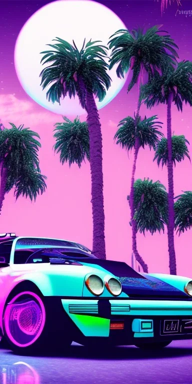 1980's aesthetic vaporwave palm trees and spheres and glowing Porsche