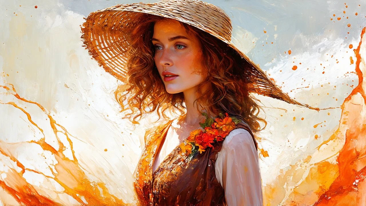 Vintage art, brown and orange shades, sunny day, straw hat for woman, summer dress, splashes of art, in the style of Dante Gabriel Rossetti, Yossi Kotler, Camilla D'Errico, masterpiece, fine art in the style of Carne Griffiths, Paula Hoppe