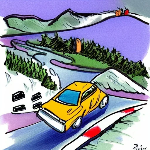 Car going up the mountain cartoon