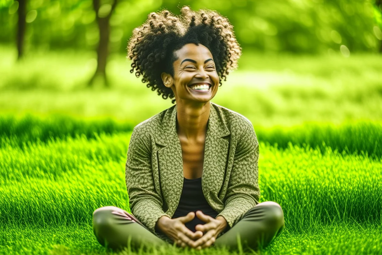 "A person smiles and feels contentment and serenity while practicing meditation in nature. They may be sitting on the grass or by a tranquil lake, placing their hands on their knees, and blissfully closing their eyes."