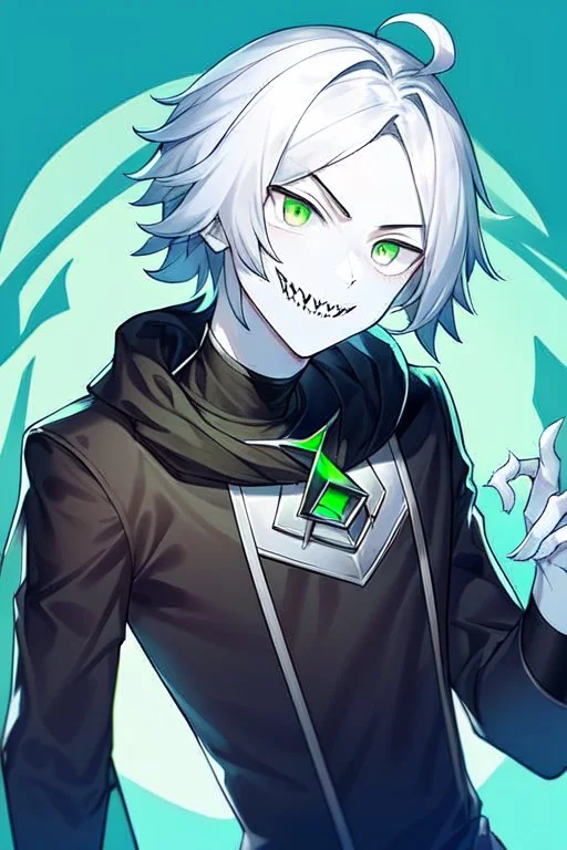 plauge doctor in balck leather clothes with silver hair, pale skin and bright green eyes smiling with sharp teeth, nice young face, male, viscious smile