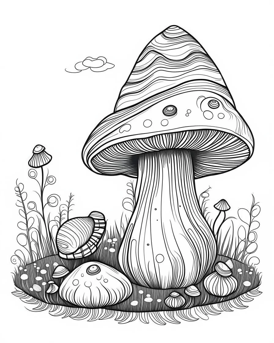 mushroom world with snail on 1 mushroom minimalistic landscape. line art, background, vector, svg, coloring book page style, black outline on white background