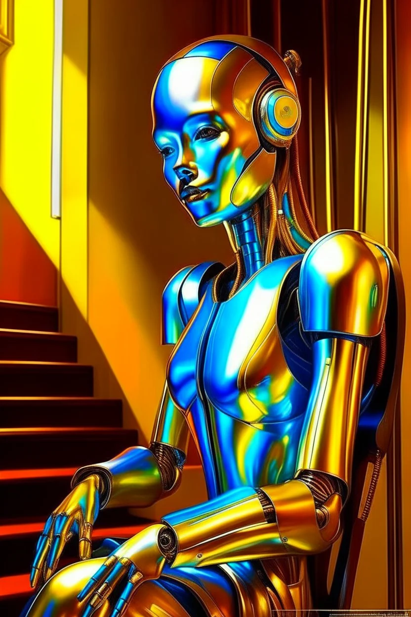 chrome chat robot banking woman smiling online in the style of a master italian painter, spray paint, photo realism, trending on art station, 8k, depth of field, down light, light rays, volumetric, reflective spiral staircase, blue, yellow, golden brown and orange