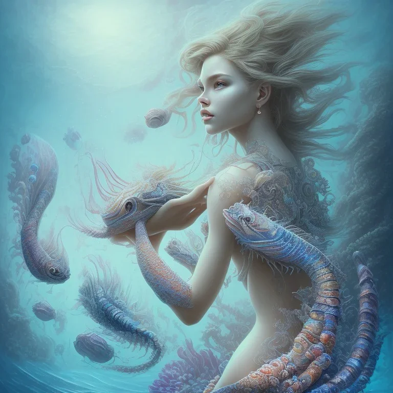 sango fantasy, fantasy magic, intricate, sharp focus, illustration, highly detailed, digital painting, concept art, matte, artgerm and paul lewin and kehinde wiley, masterpiece sexy lips Asain lady body mermaid lionfish head turquoise space lady beach sea under water mermaid seaweed