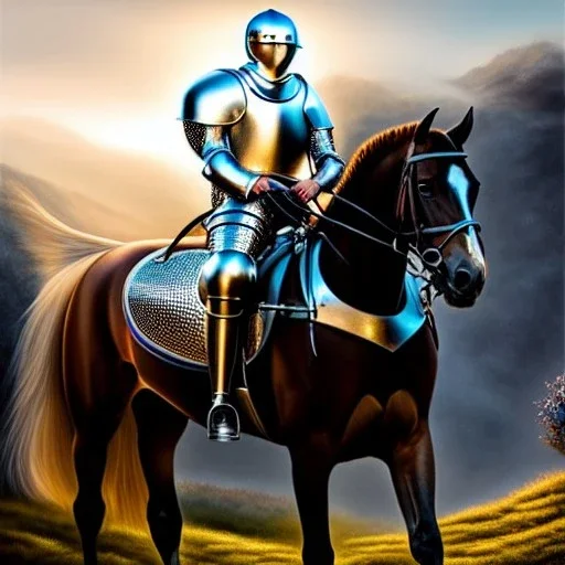 Ultra detailed fullbody Portrait in oil on canvas of Medieval Knight with plate armor riding a horse,extremely detailed digital painting, extremely detailed face, crystal clear eyes, mystical colors ,perfectly centered image, perfect composition, rim light, beautiful lighting,masterpiece ,8k, stunning scene, raytracing, anatomically correct by Seung Eun Kim and simon bisley and Nagasawa Rosetsu.16k