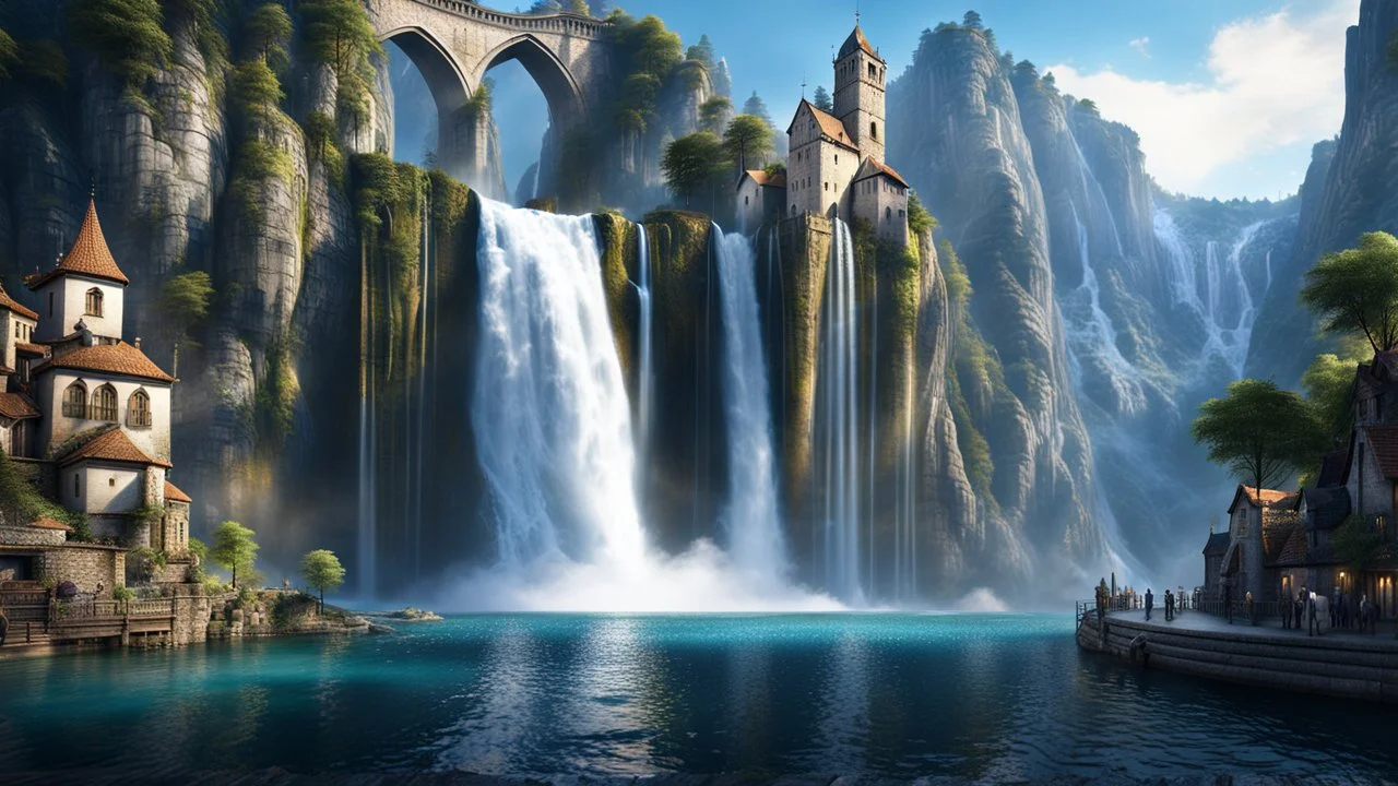 a wide waterfall falling upon a medieval european city. The city is at the bottom at the end of a steep, narrow, 3.000 feet tall ravine. a masterpiece, fantasy concept art, dynamic lighting, hyperdetailed, intricately detailed, deep color, Unreal Engine, volumetric lighting, Epic cinematic brilliant stunning intricate meticulously detailed dramatic atmospheric maximalist digital matte painting