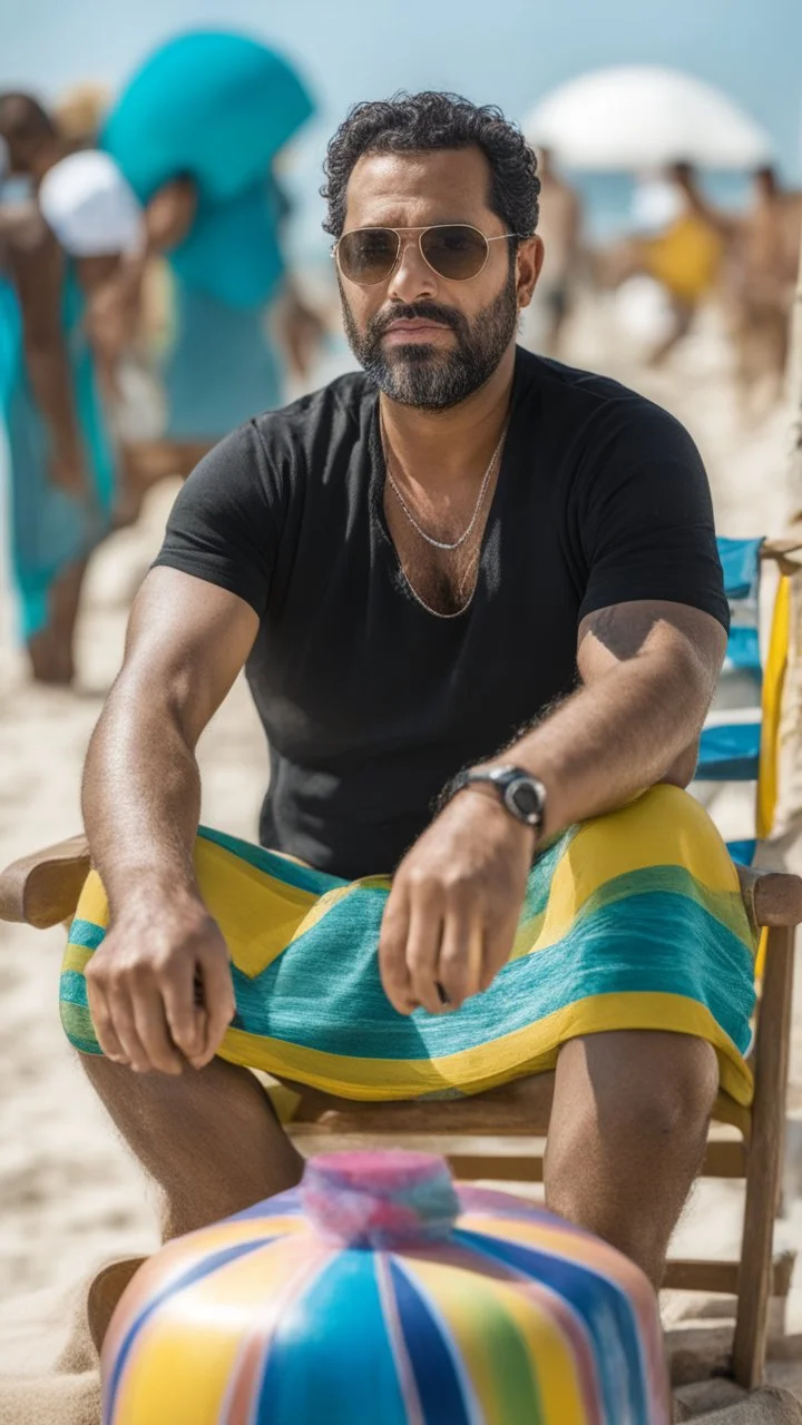 full figure shot photography of a serious ugly burly strong befy marocan 35 years old, sells colored pareos on a crowded beach, sitting on a beach chair, sunligh, photorealistic, 35mm lens, side light, ambient occlusion