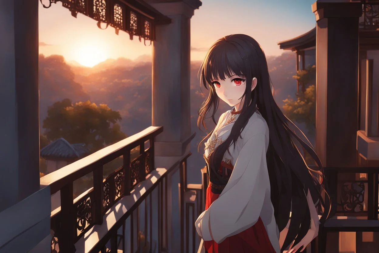 woman with long brown hair, red eyes, pale skin, highly detailed, intricate background, standing on a balcony during sunset, contemplative, anime style, Genshin Impact inspired, dynamic composition