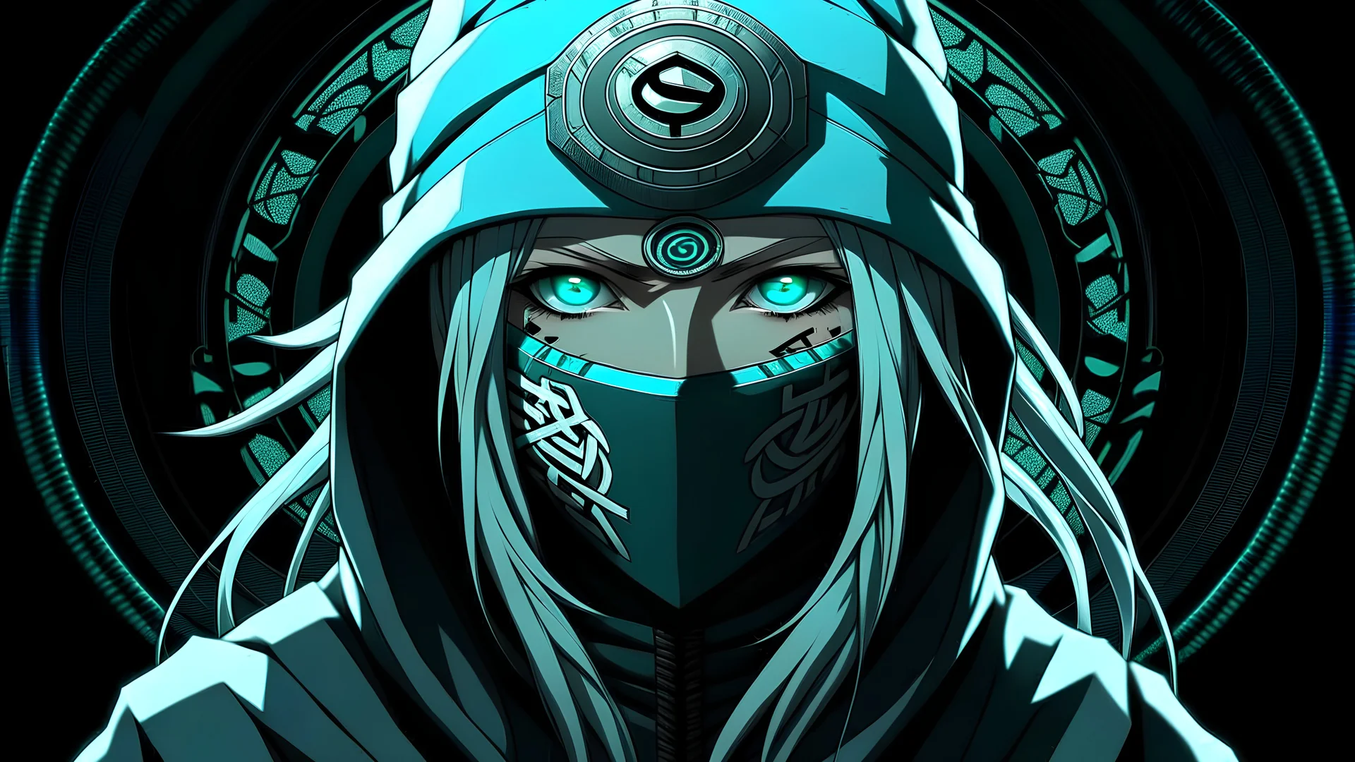 female, shinobi, halfmask oni, white hood, glowing runes, nordic runes, turquoise runes, full black eyes, anime them, naruto them, hard-edge style,highly detailed, high details, detailed portrait, masterpiece,ultra detailed, ultra quality