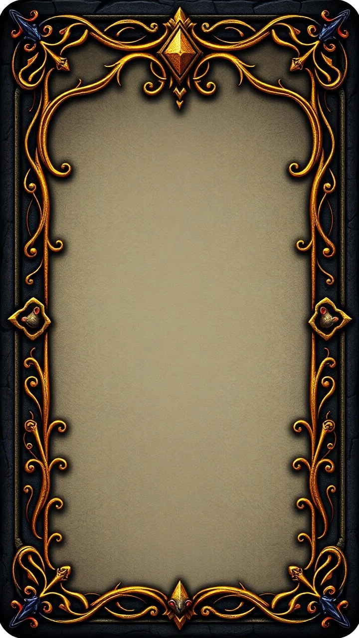 dark "Whimsical, fantasy-themed card border, intricate stone and gold filigree with tiny rat paw prints hidden in the design, playful medieval style, glowing runes, ornate yet readable, decorative corners, vibrant fantasy color palette."