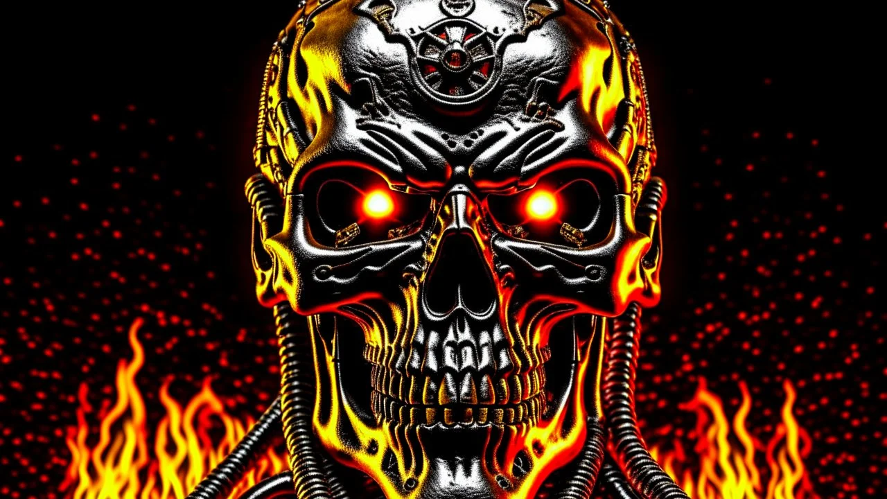 4K, ultra detail, ombres et reflets maximum, full realism portrait terminator iron maiden logo full face flames4K, ultra detail, full realism logo portrait terminator studio de radio logo full face firestarter in the background