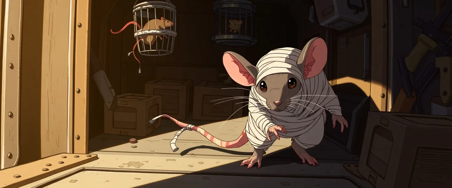 2️⃣ Boarding the Rocket "Giant mummy rat sneaks into a rocket cargo hold, bandages trailing slightly, ears twitching, eyes alert. Crates and floating tools around, with soft lights casting long shadows. A small caged rat visible in the background, and another rat suspended in a stasis pod above. Style: Rembrandt-inspired lighting, anime-inspired rat features, conveying stealth and tension."