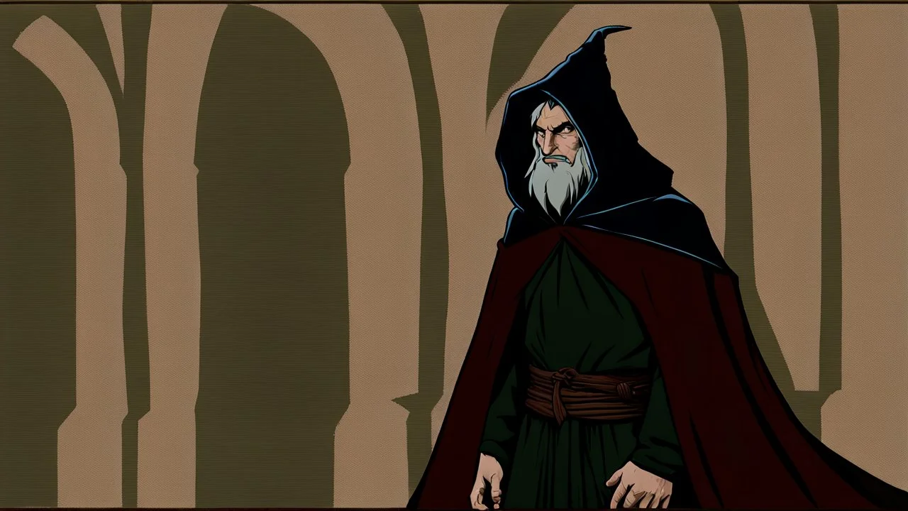 The hooded sorcerer in the castle tower